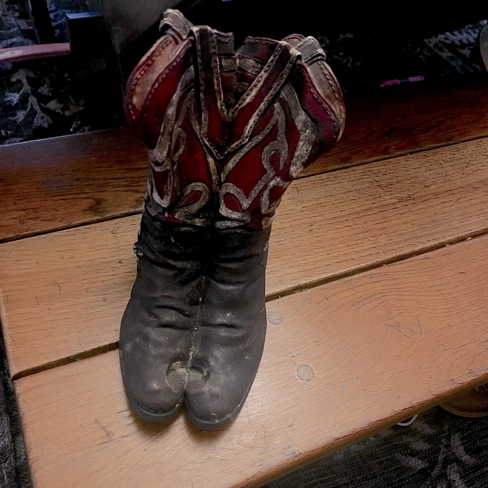 Little lived in look ceramic cowboy boots. Adorable